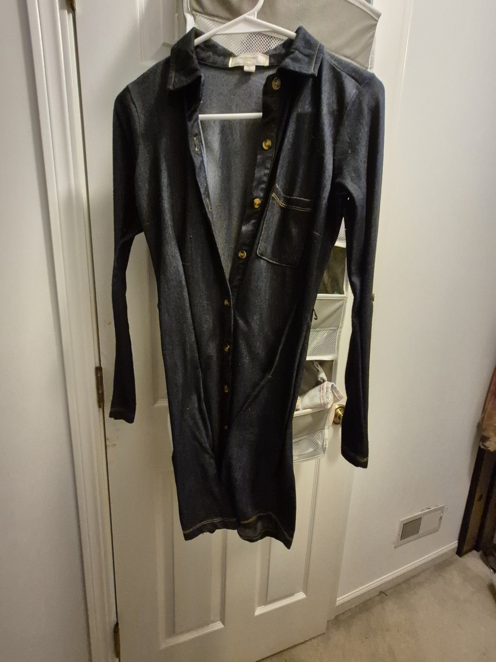 Women’s Long Button-Front Black Jacket with Contrast Stitching